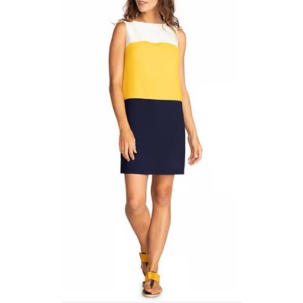 Trina Turk Luka Dress 12 Yellow Ivory Navy Blue Sleeveless Career Church Summer